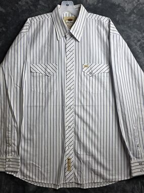 Larry Mahan White Shirt with Blue Stripes Pearl Snap Long Sleeve Shirt Sz XL